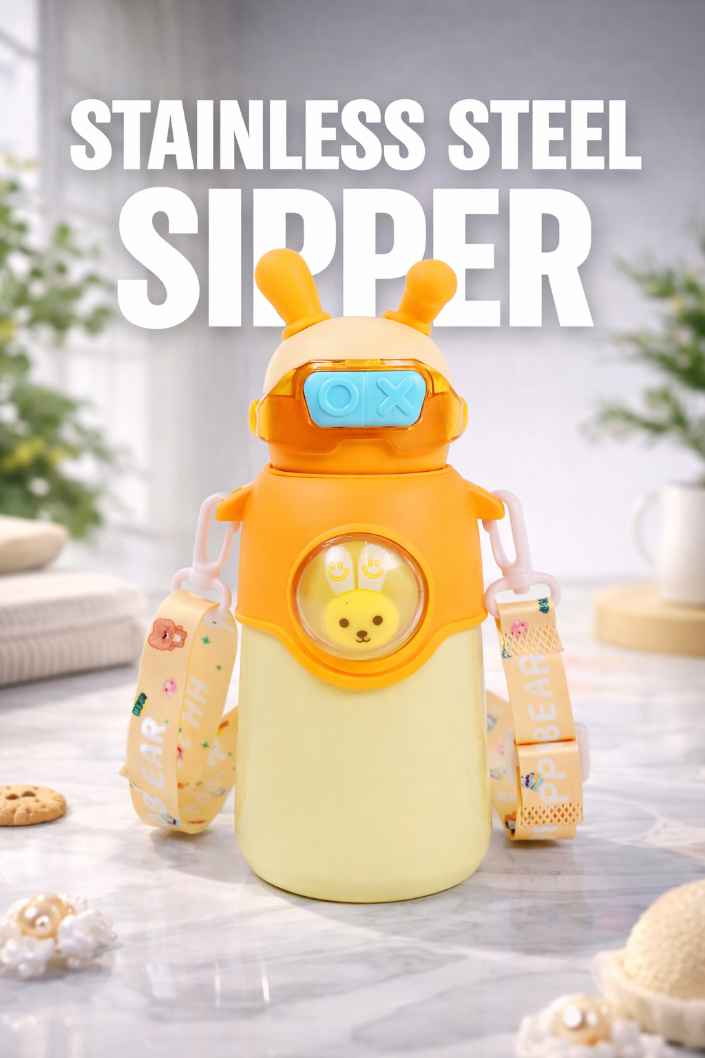 Bunny Stainless Steel Sipper Bottle for Kids | Cute Rabbit Design with Strap | Leak-Proof &amp; Durable