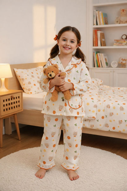 Kids Printed Long-Sleeve Nightsuit with Ruffled Collar
