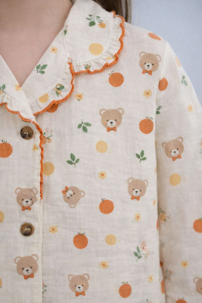 Kids Printed Long-Sleeve Nightsuit with Ruffled Collar