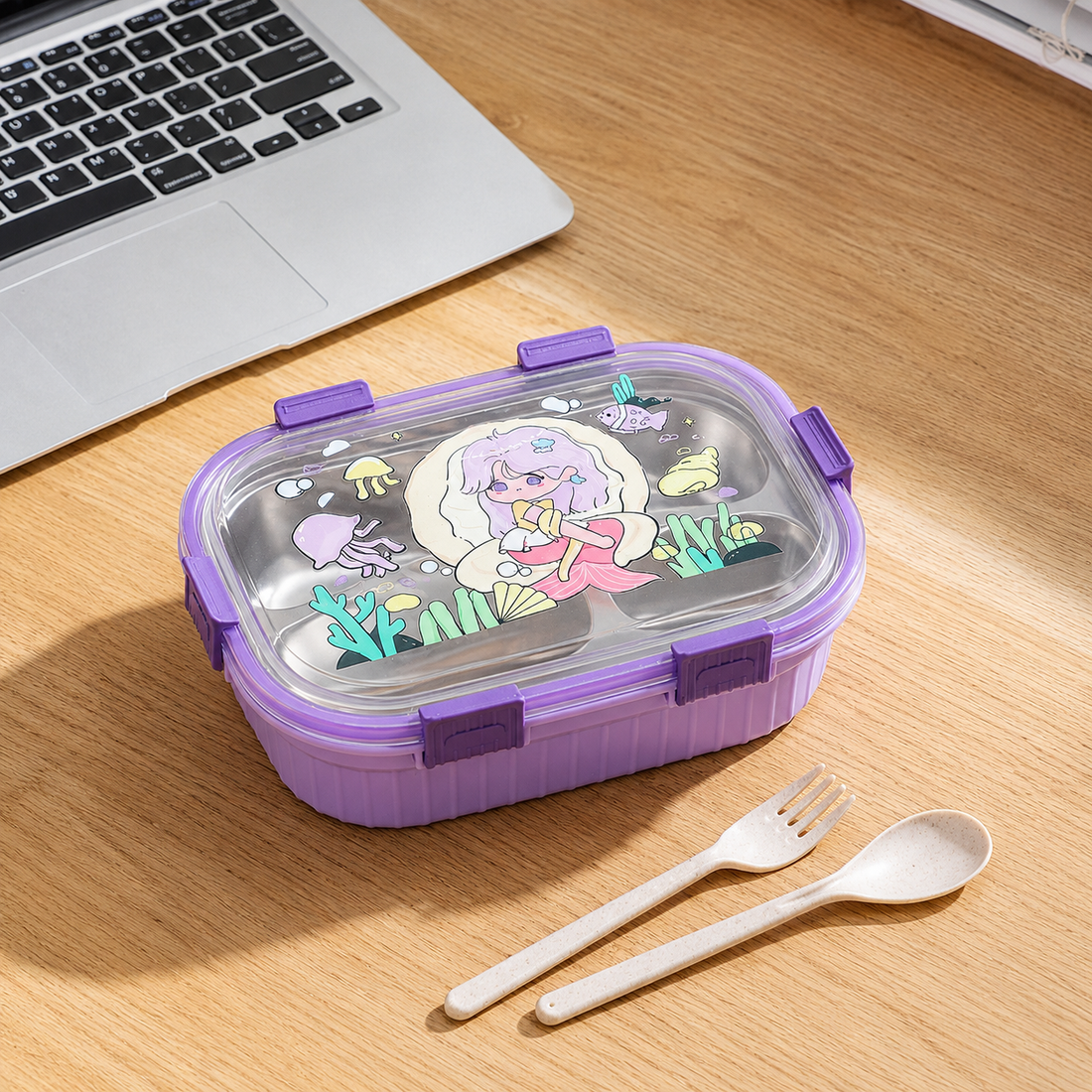 Kids 1000ml Stainless Steel 3-Compartment Lunch Box with Cute Printed Lid &amp; Secure Locks