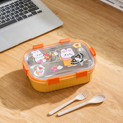 Kids 1000ml Stainless Steel 3-Compartment Lunch Box with Cute Printed Lid &amp; Secure Locks