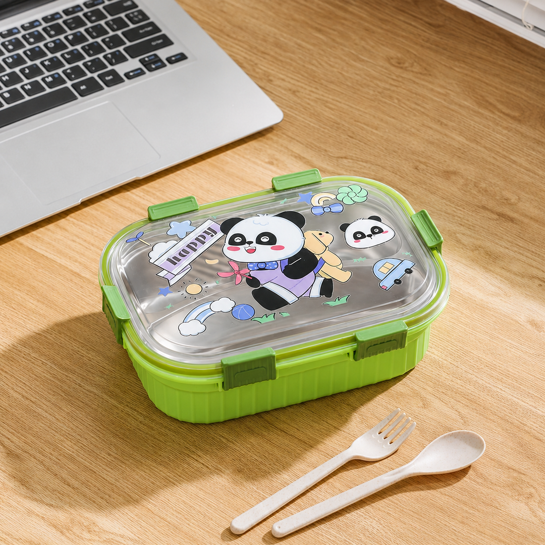 Kids 1000ml Stainless Steel 3-Compartment Lunch Box with Cute Printed Lid &amp; Secure Locks
