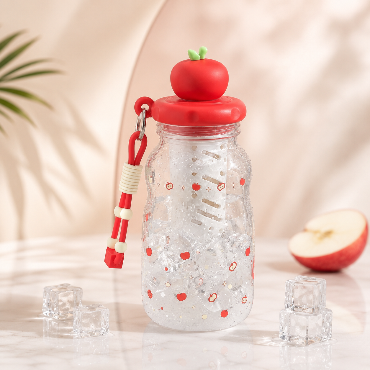 Cute Apple-Shaped Fruit Infuser Sipper Bottle with Carry Strap &amp; Transparent Body