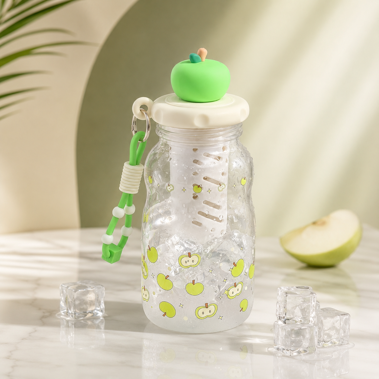 Cute Apple-Shaped Fruit Infuser Sipper Bottle with Carry Strap &amp; Transparent Body