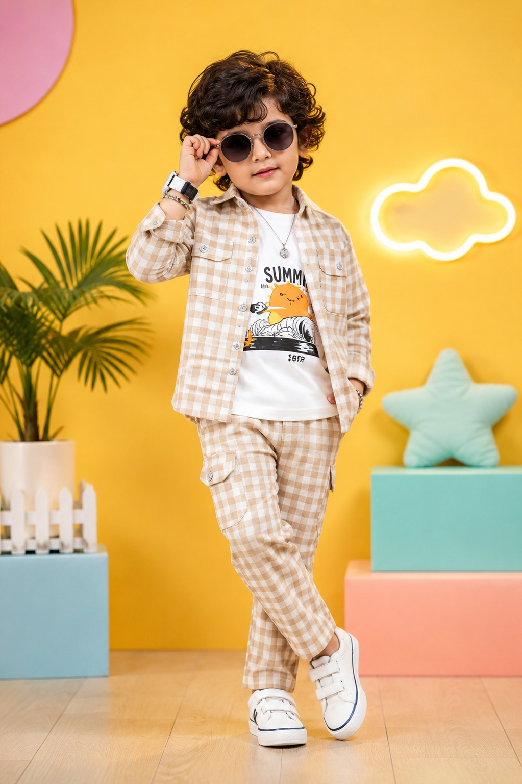 Boys 3-Piece Checkered Co-Ord Set | Shirt, T-Shirt &amp; Pant Set for Kids-TLB3072