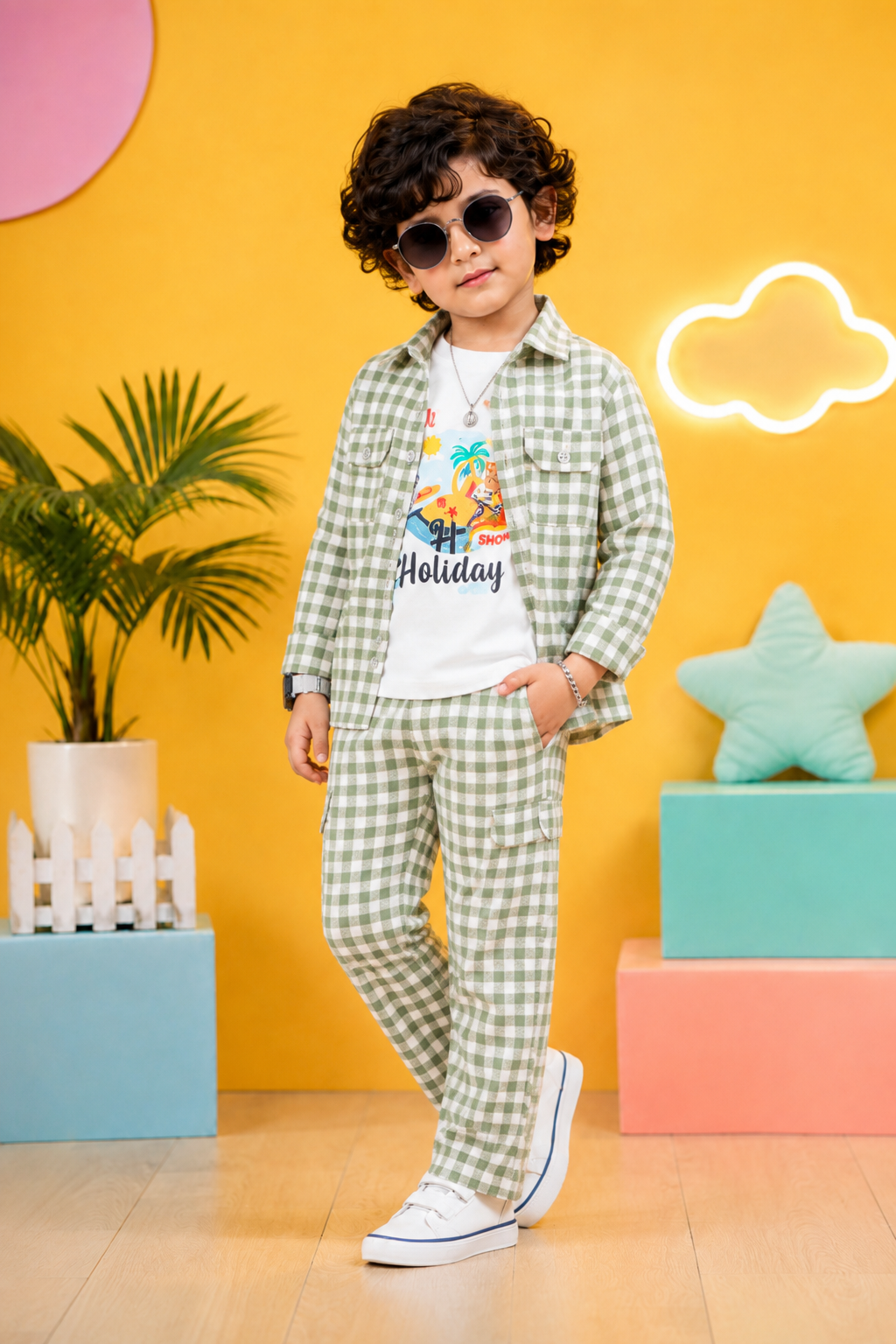 Boys 3-Piece Checkered Co-Ord Set | Shirt, T-Shirt &amp; Pant Set for Kids-TLB3072