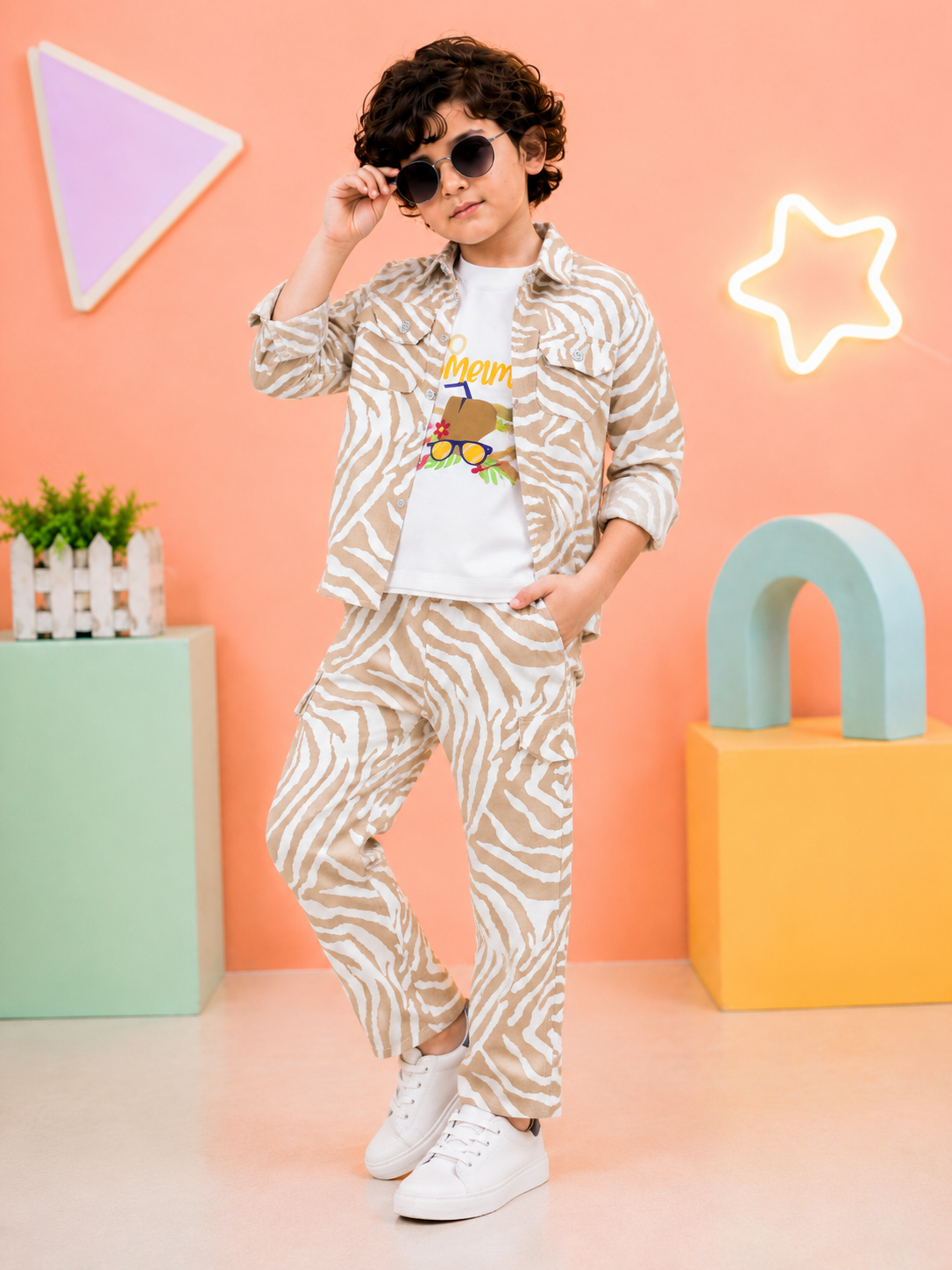 Boys 3-Piece Zebra Print Co-Ord Set | Shirt, T-Shirt &amp; Pant Set for Kids-TLB3070