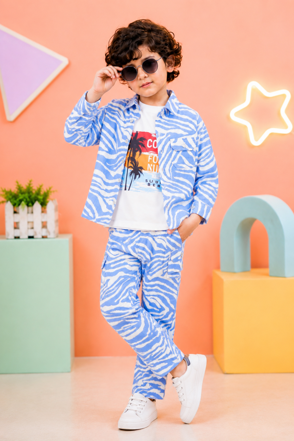 Boys 3-Piece Zebra Print Co-Ord Set | Shirt, T-Shirt &amp; Pant Set for Kids-TLB3070