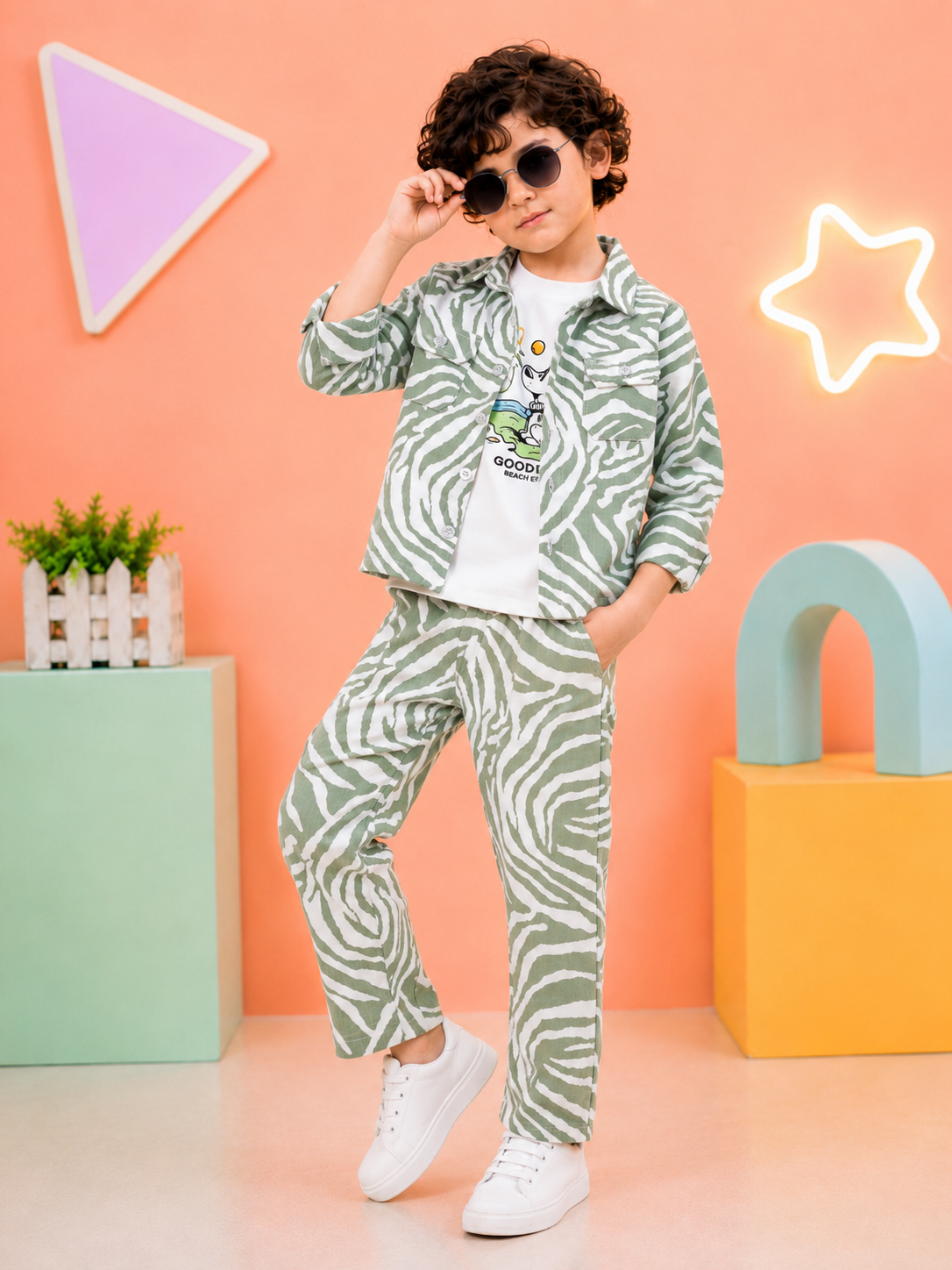 Boys 3-Piece Zebra Print Co-Ord Set | Shirt, T-Shirt &amp; Pant Set for Kids-TLB3070