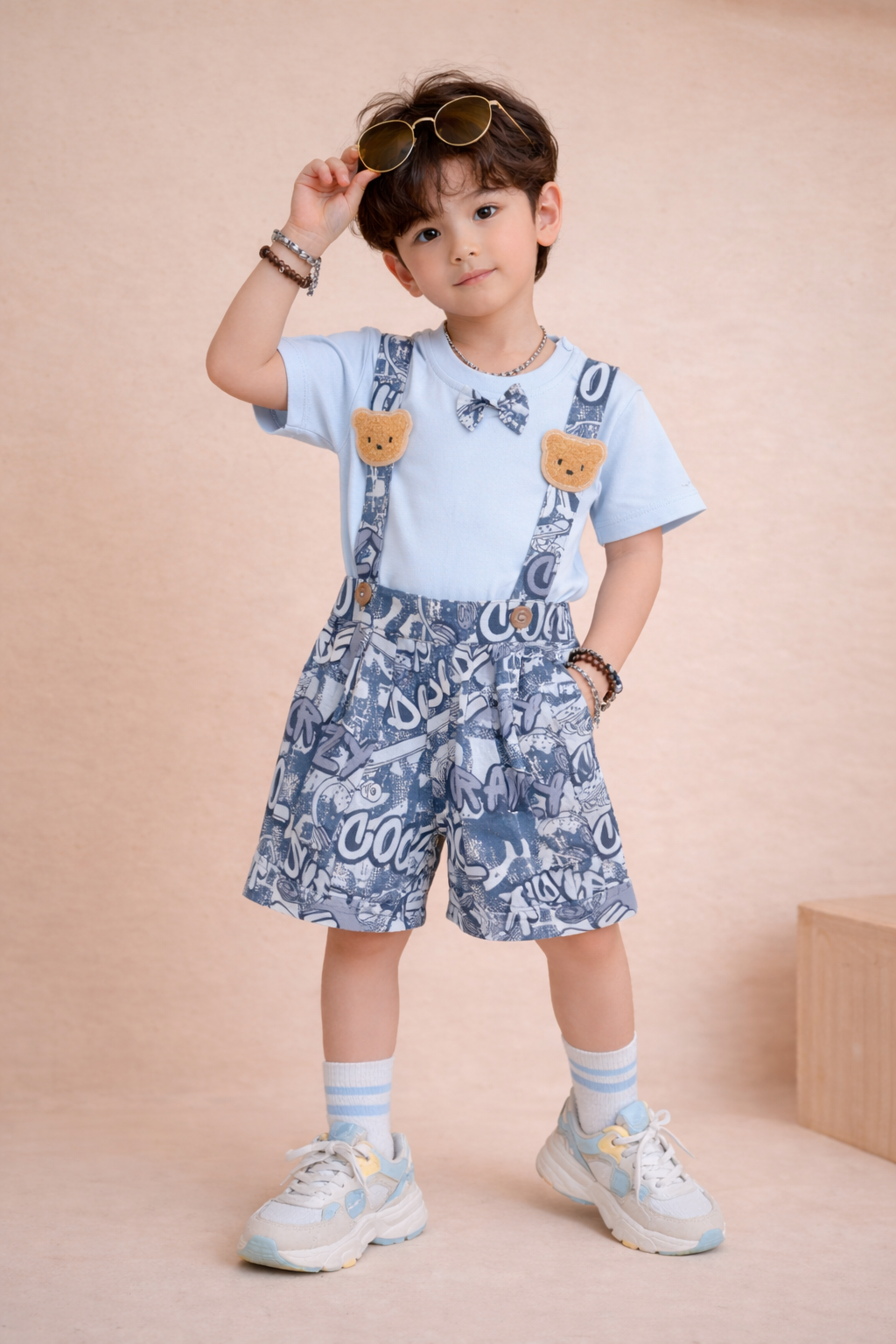 Stylish Kids Suspender Shorts Set with Bow Detail-TLB2615