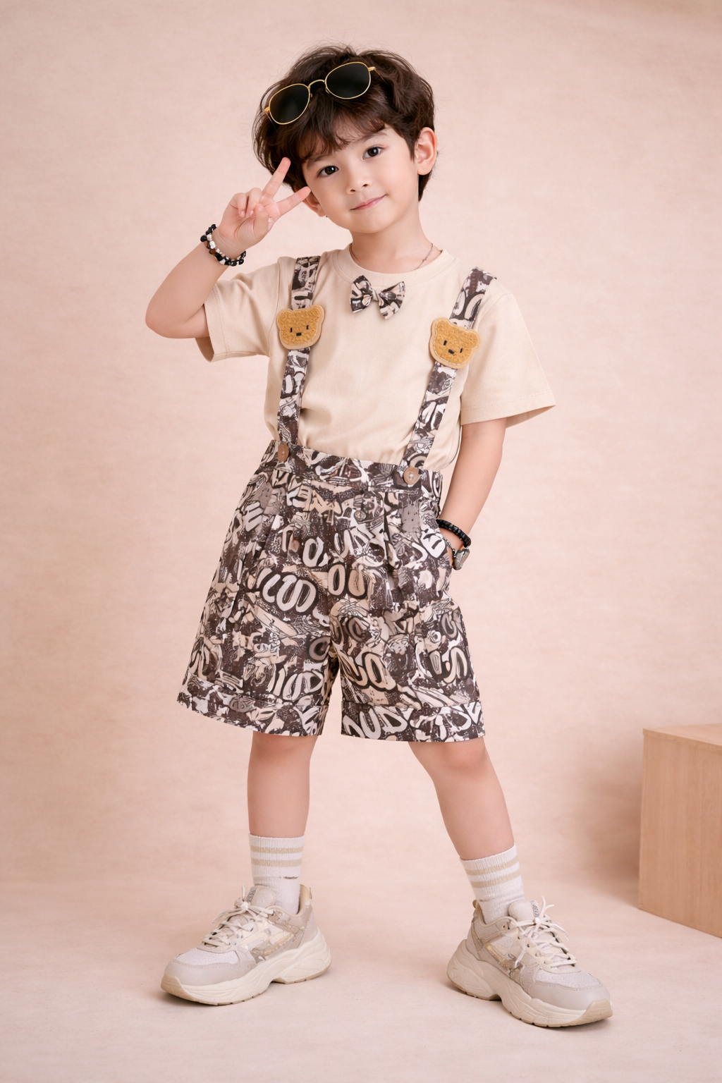 Stylish Kids Suspender Shorts Set with Bow Detail-TLB2615