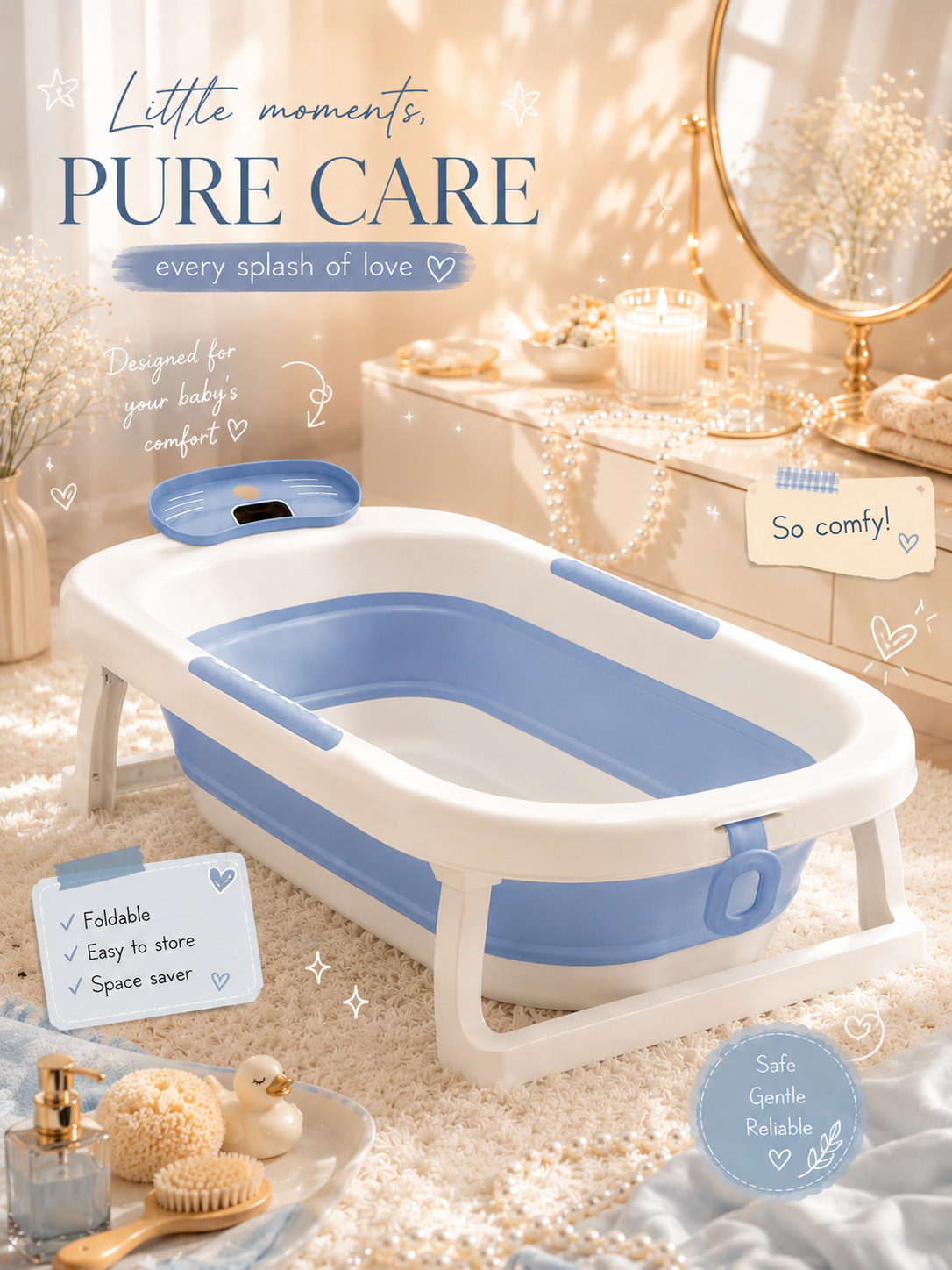The Little Bunny Foldable Baby Bath Tub for Newborn &amp; Toddlers | Portable Anti-Slip Baby Bathtub with Comfortable Support | Space Saving Kids Bathing Tub-BC9002