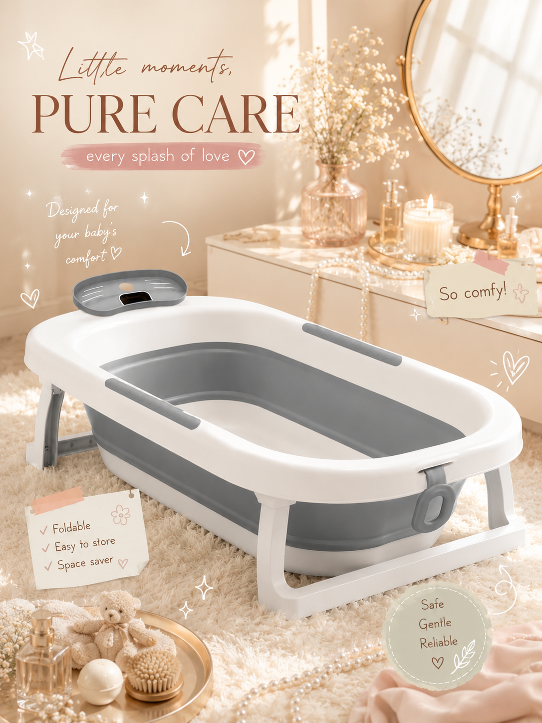 The Little Bunny Foldable Baby Bath Tub for Newborn &amp; Toddlers | Portable Anti-Slip Baby Bathtub with Comfortable Support | Space Saving Kids Bathing Tub-BC9002