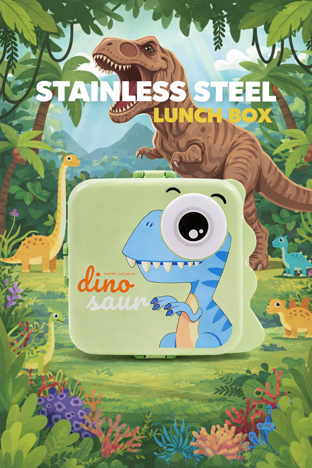 Kids Stainless Steel Dinosaur-Themed Lunch Box with Secure Lock