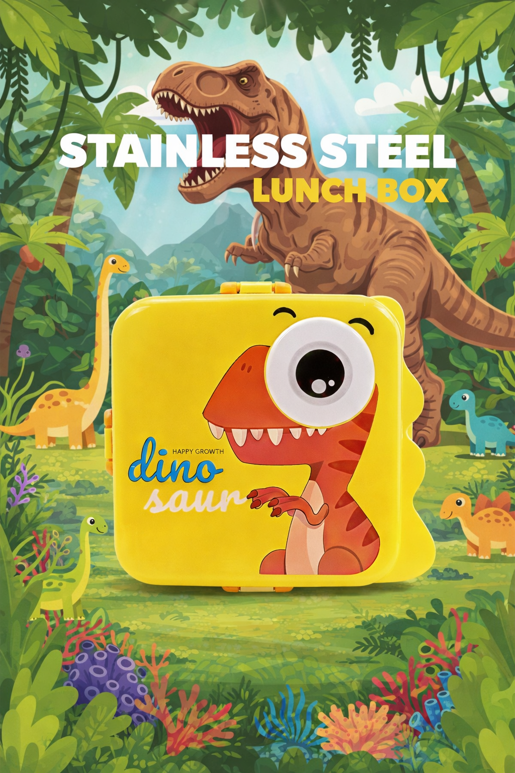 Kids Stainless Steel Dinosaur-Themed Lunch Box with Secure Lock