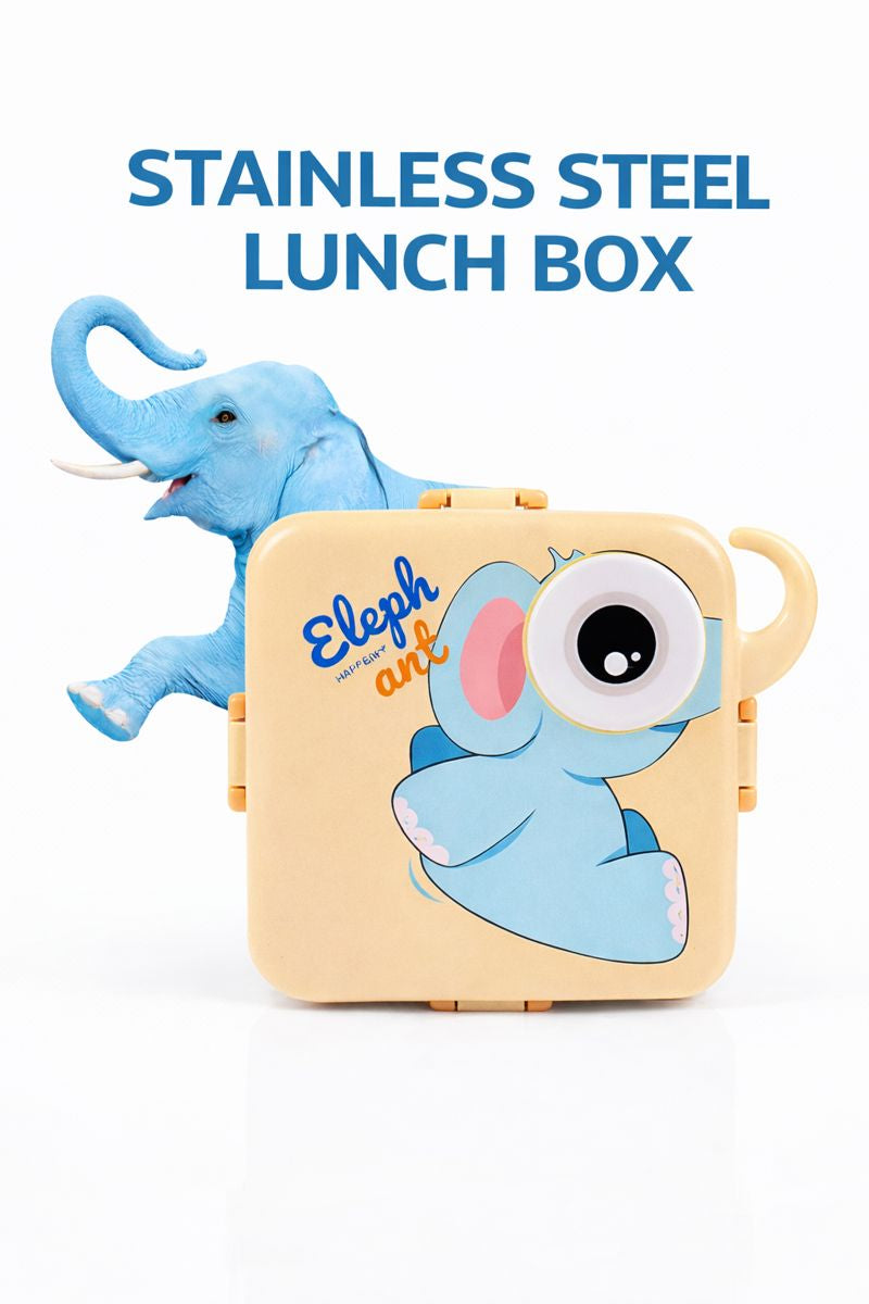 Kids Stainless Steel Lunch Box with Cute Elephant Design and Secure Locking Lid