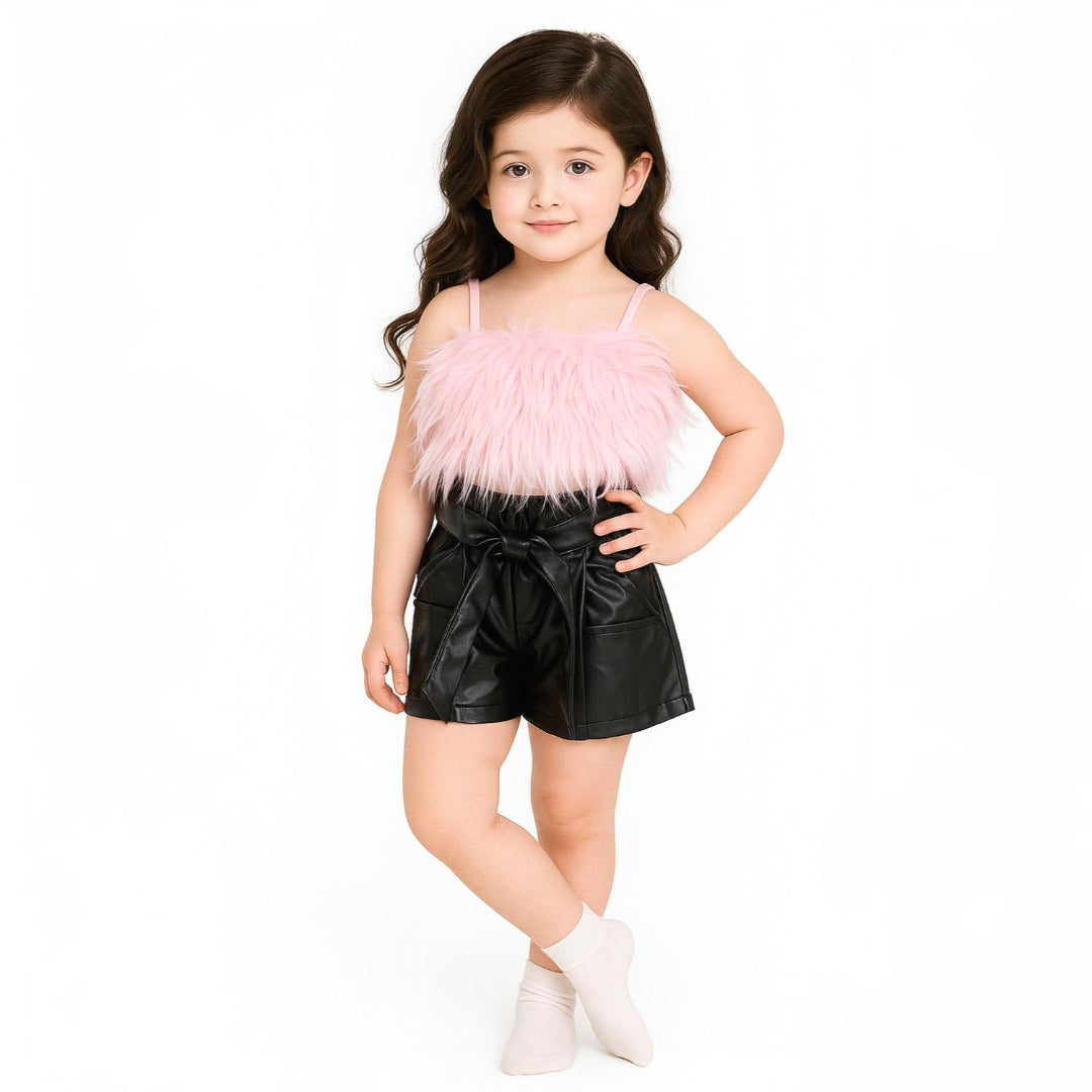 Girls Fluffy Top With Faux Leather Shorts Set