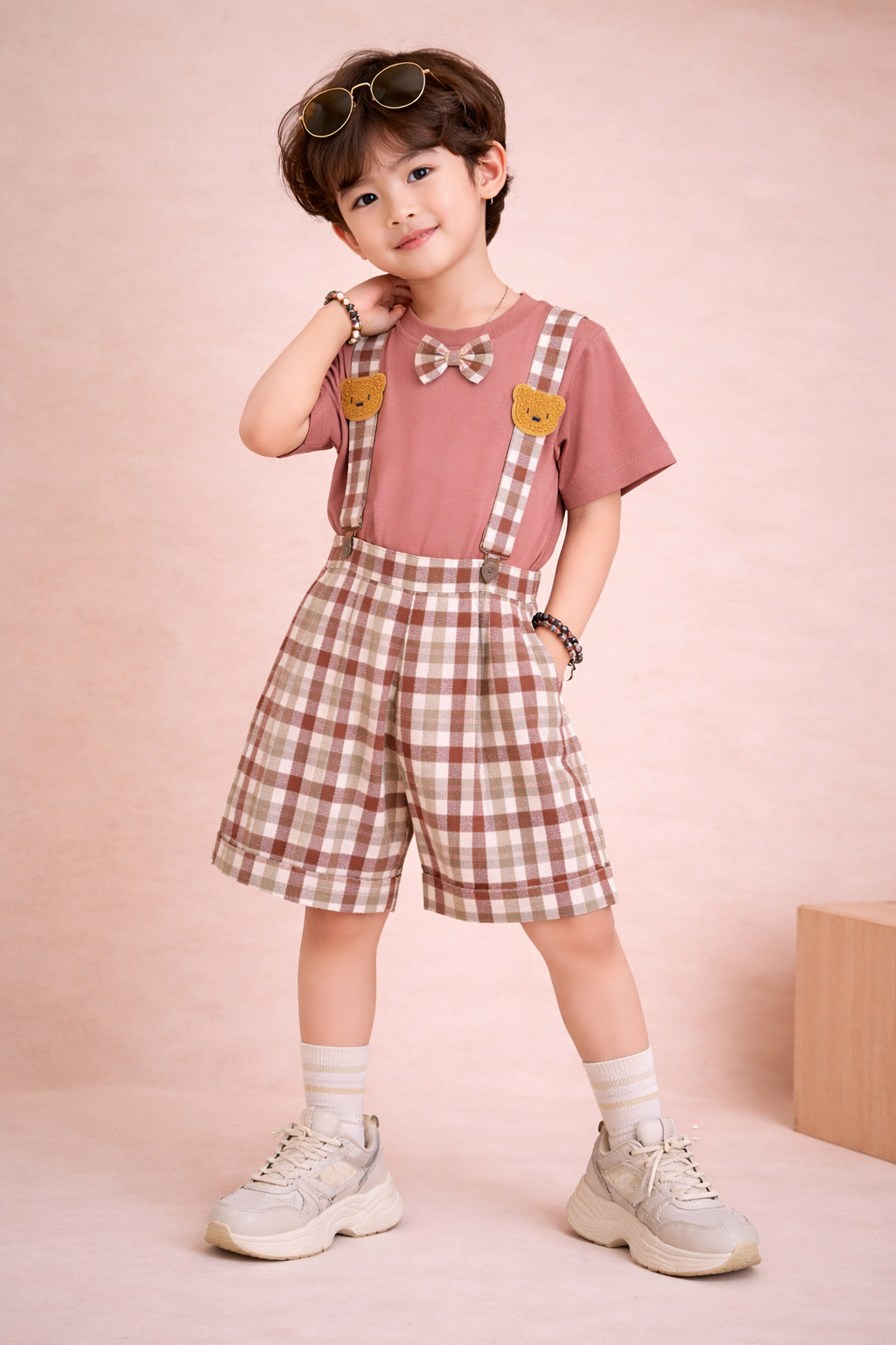 Kids Checked Suspender Shorts Set with Bow Detail and Bear Appliqué-TLB2616