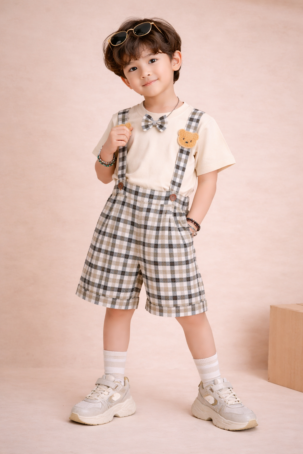 Kids Checked Suspender Shorts Set with Bow Detail and Bear Appliqué-TLB2616