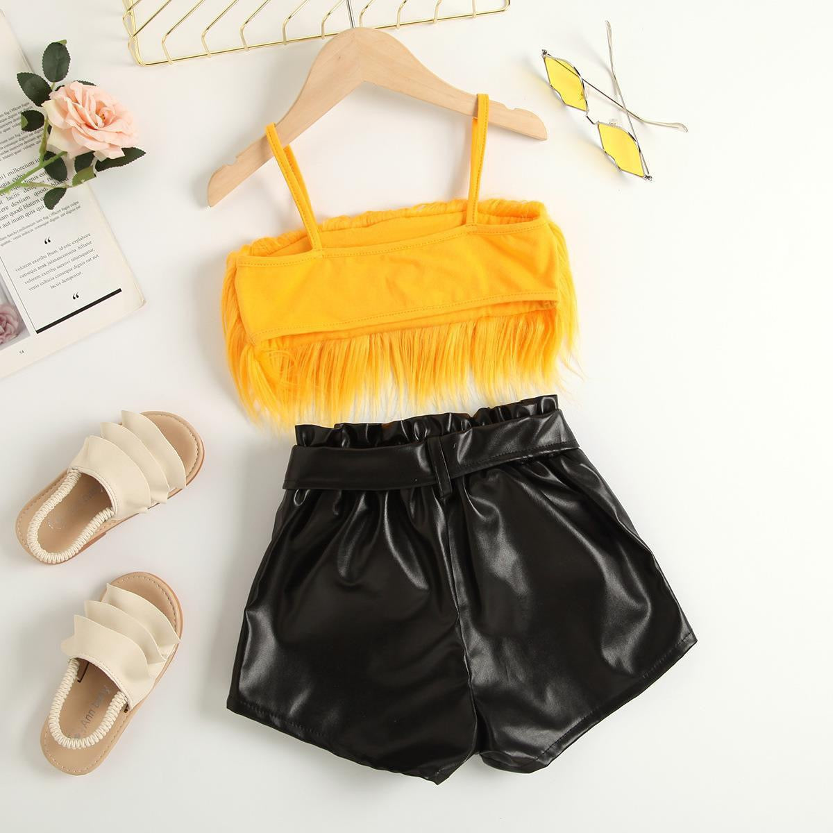 Girls Fluffy Top With Faux Leather Shorts Set