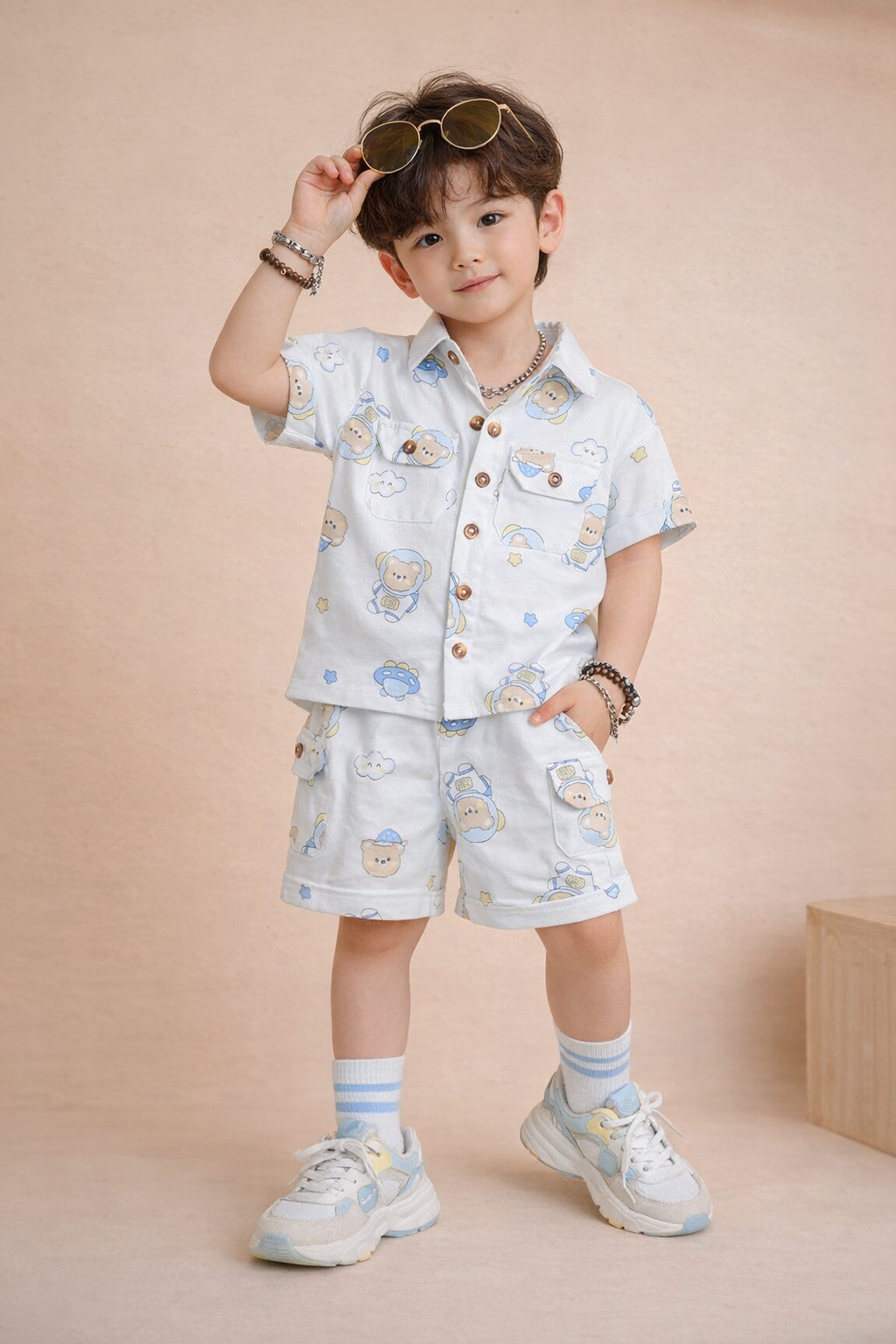 The Little Bunny Kids Space Teddy Print Co-Ord Shirt &amp; Shorts Set – TLB2648