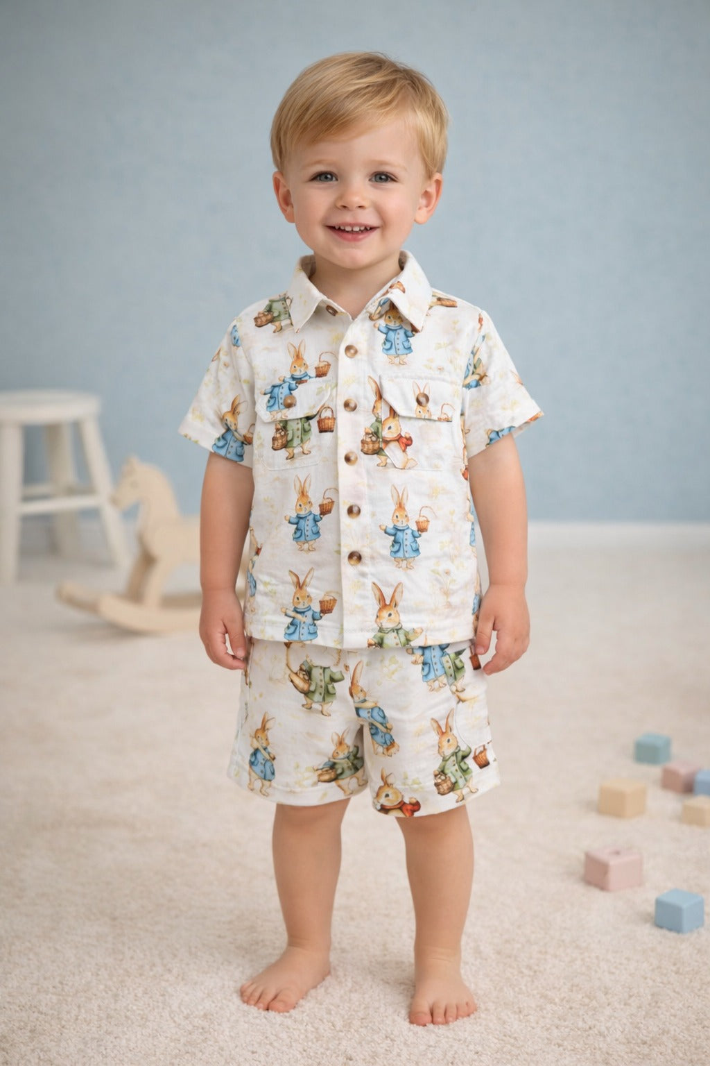 Kids Cute Bunny Cartoon Printed Shirt &amp; Shorts Co-Ord Set – Soft &amp; Comfortable Summer Outfit for Boys-TLB2658