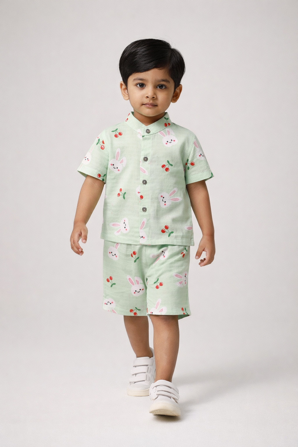 Boys Pink Bunny &amp; Cherry Print Cotton Shirt and Shorts Co-Ord Set-TLB2666