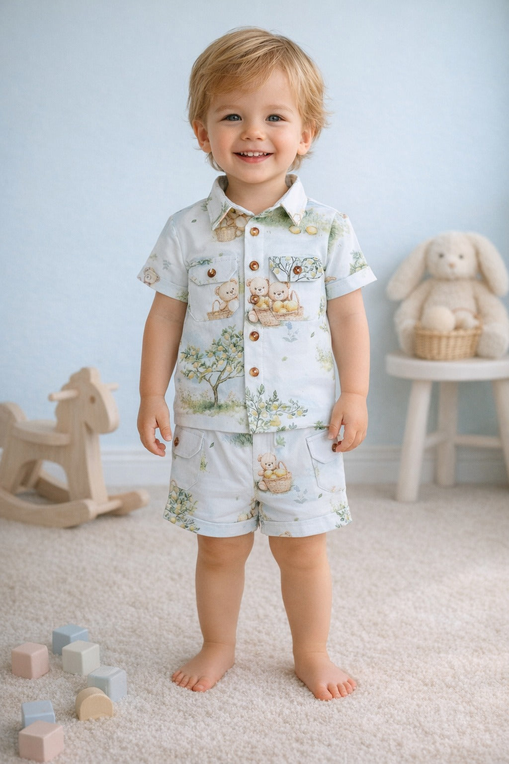 Kids Teddy Bear Cartoon Printed Shirt &amp; Shorts Co-Ord Set – Soft &amp; Comfortable Summer Outfit for Boys-TLB2671