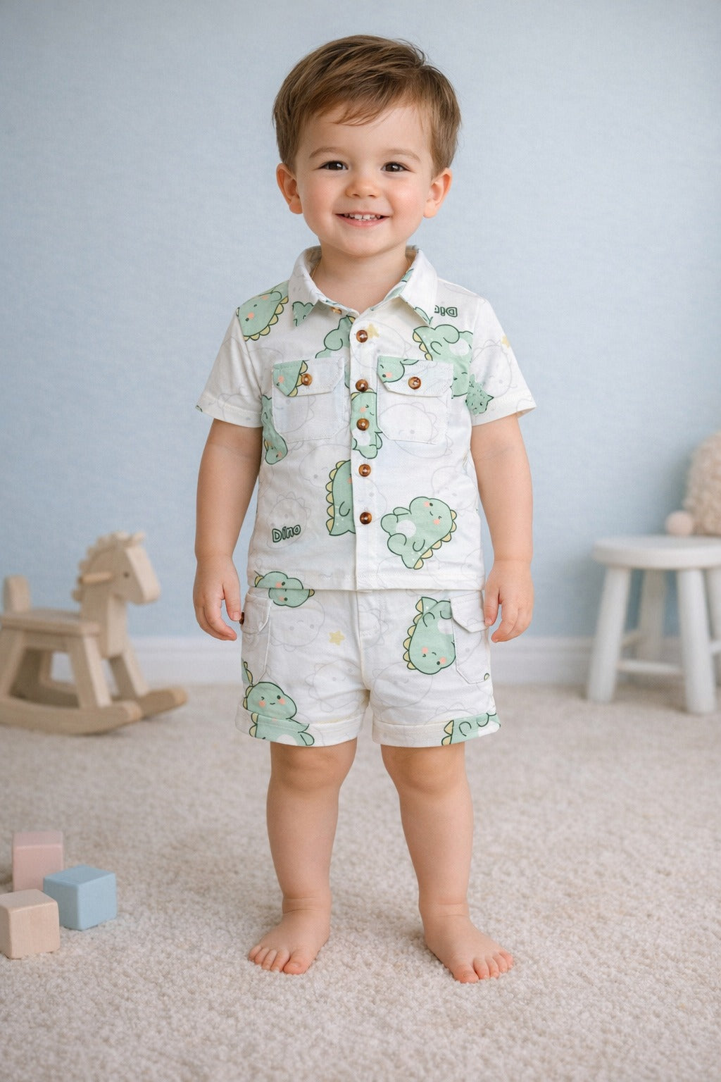 Kids Cute Dinosaur Printed Shirt &amp; Shorts Co-Ord Set – Soft &amp; Comfortable Summer Outfit for Boys-TLB2679