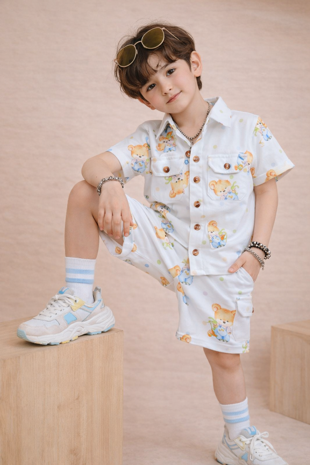 The Little Bunny Kids Teddy Bear Print Co-Ord Shirt &amp; Shorts Set – TLB2680