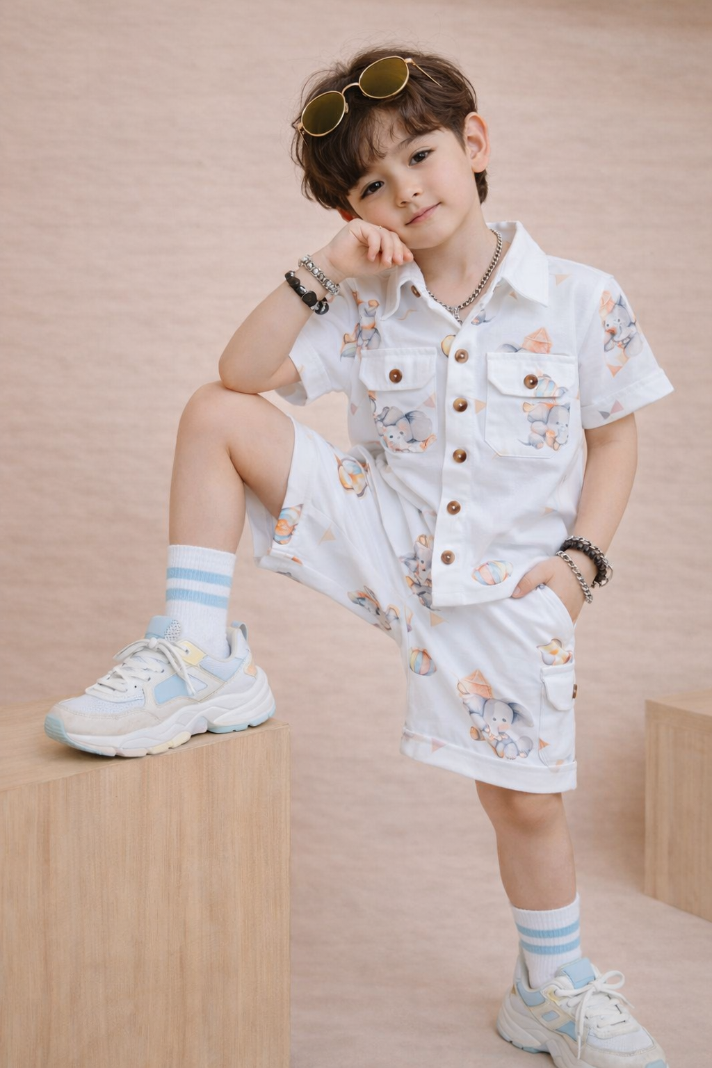 The Little Bunny Kids Elephant Print Co-Ord Shirt &amp; Shorts Set – TLB2682