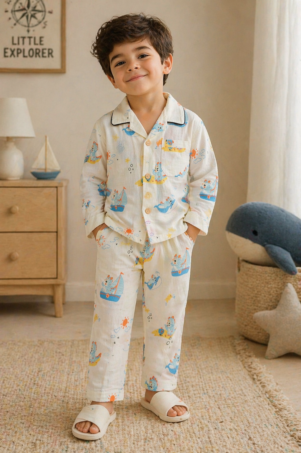 Kids Muslin Cotton Night Suit – Soft Breathable Sleepwear Set with Cute Ocean &amp; Boat Print (Full Sleeve Shirt &amp; Pajama)-TLB2697