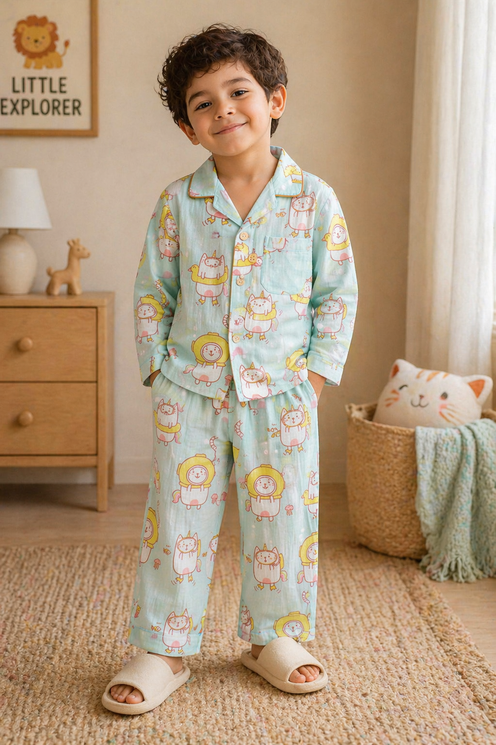 Kids Muslin Cotton Night Suit – Soft Breathable Sleepwear Set with Cute Cartoon Print (Full Sleeve Shirt &amp; Pajama)-TLB2724
