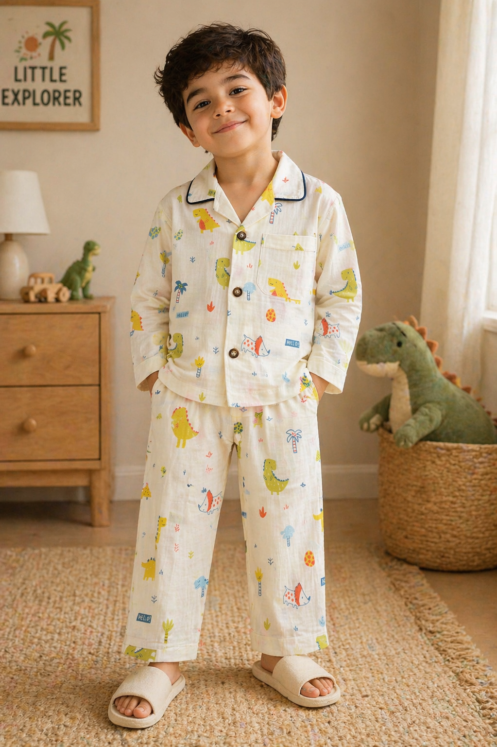 Kids Muslin Cotton Night Suit – Soft Breathable Sleepwear Set with Cute Dinosaur Print (Full Sleeve Shirt &amp; Pajama)-TLB2771