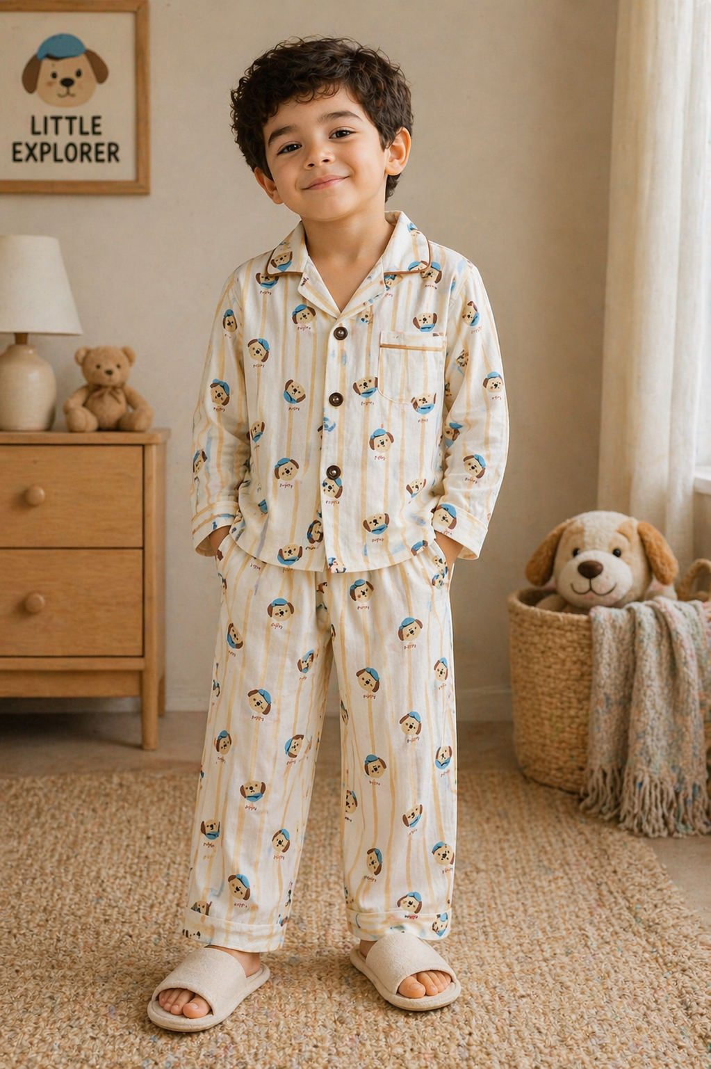 Kids Muslin Cotton Night Suit – Soft Breathable Sleepwear Set with Cute Puppy Print (Full Sleeve Shirt &amp; Pajama)-TLB2813