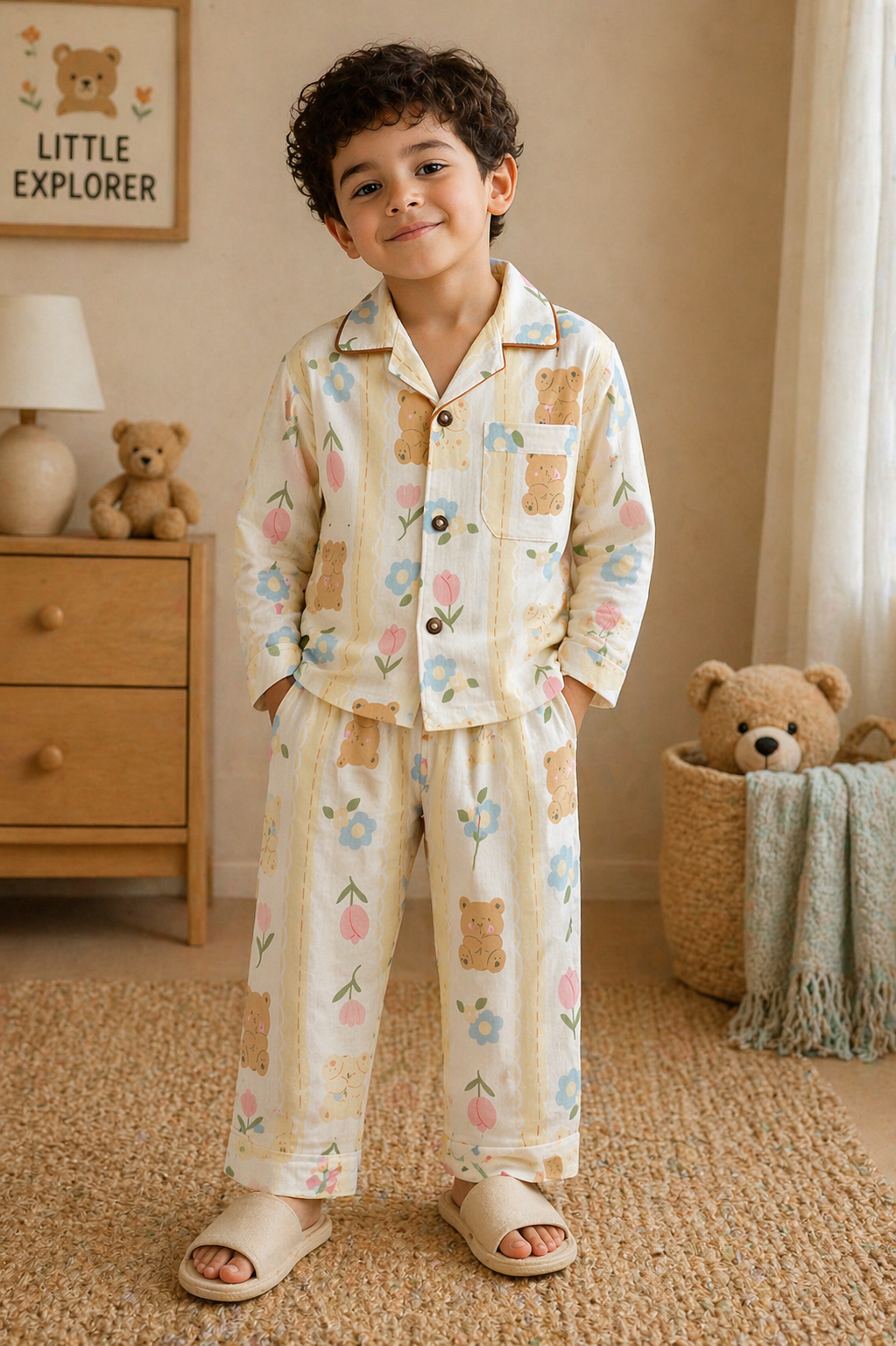 Kids Muslin Cotton Night Suit – Soft Breathable Sleepwear Set with Floral &amp; Teddy Print (Full Sleeve Shirt &amp; Pajama)-TLB2814