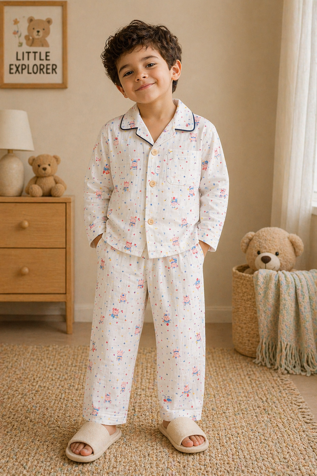 Kids Muslin Cotton Night Suit – Soft Breathable Sleepwear Set with Cute Cartoon Print (Full Sleeve Shirt &amp; Pajama)-TLB2815