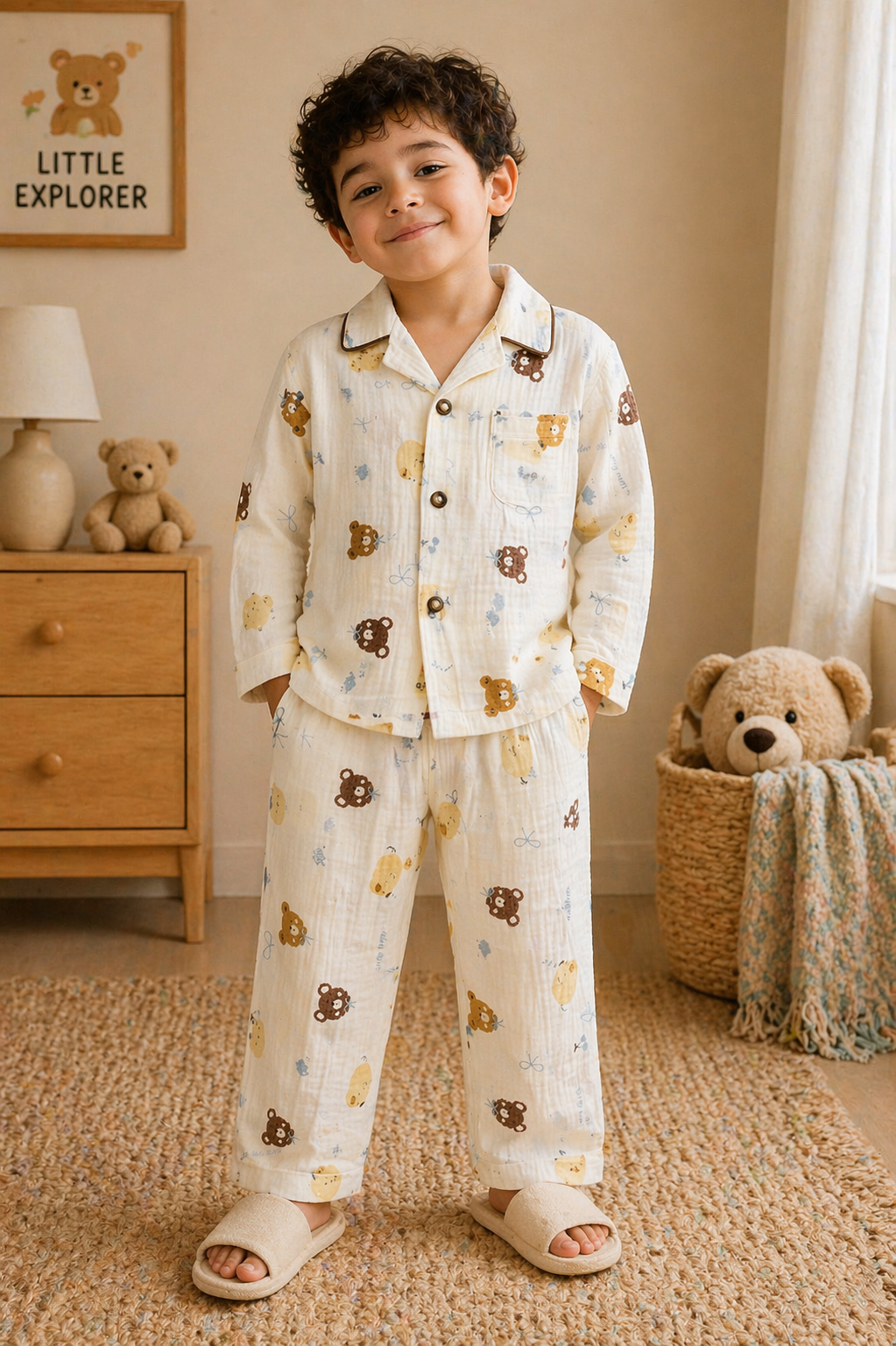 Premium Kids Muslin Cotton Night Suit – Soft Breathable Sleepwear Set with Cute Bear Print (Full Sleeves &amp; Pajama)-TLB2816