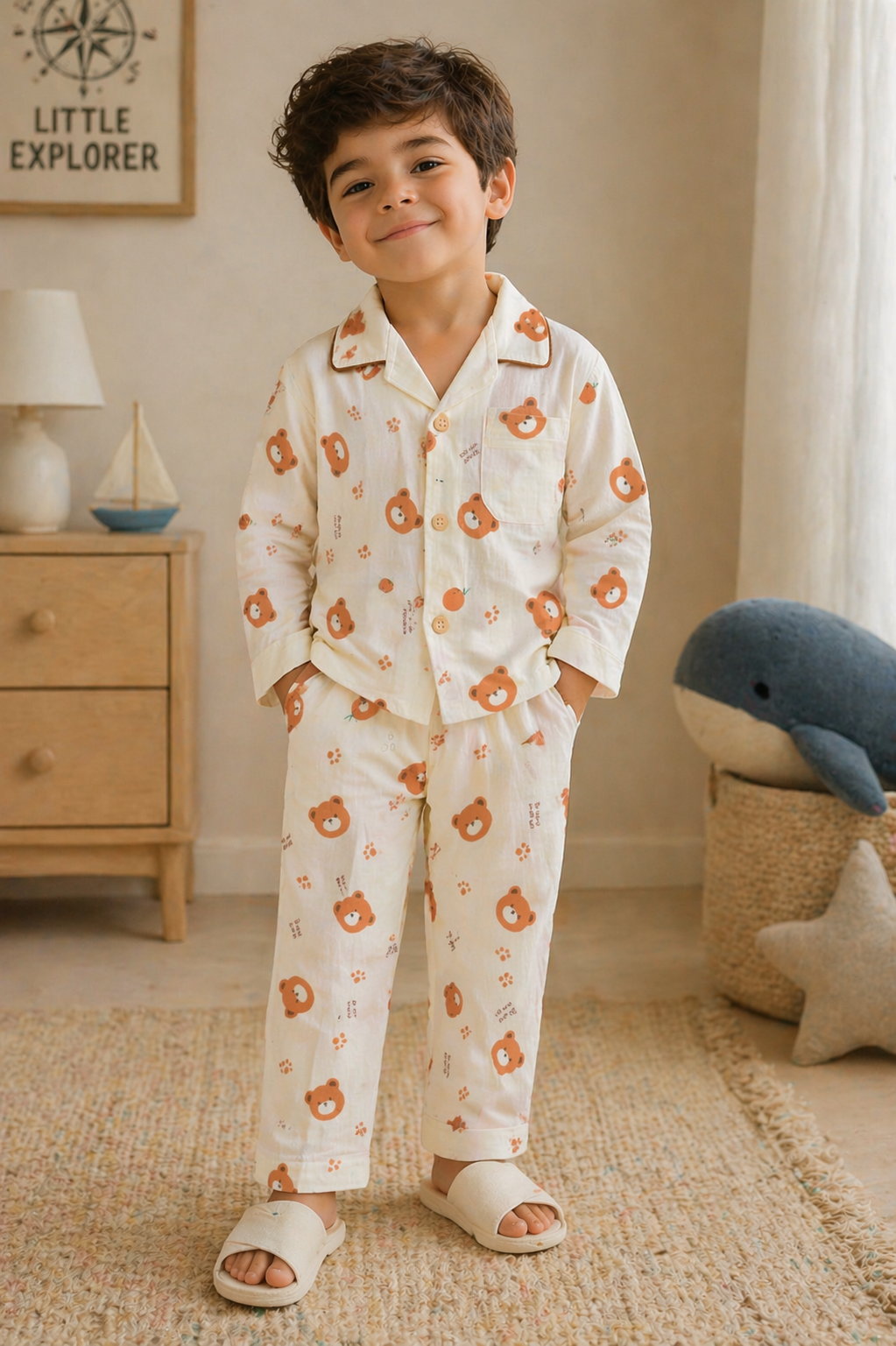Kids Muslin Cotton Night Suit – Soft &amp; Breathable Sleepwear Set with Cute Teddy Bear Print (Full Sleeve Shirt &amp; Pajama)-TLB2817
