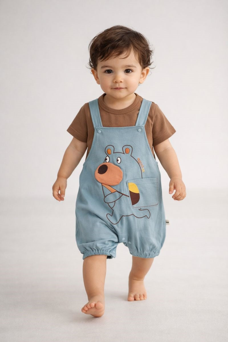 Baby Boys Cotton Dungaree Romper Set with T-Shirt | Soft Comfortable Toddler Outfit | Casual Everyday Wear for Kids-TLB2900