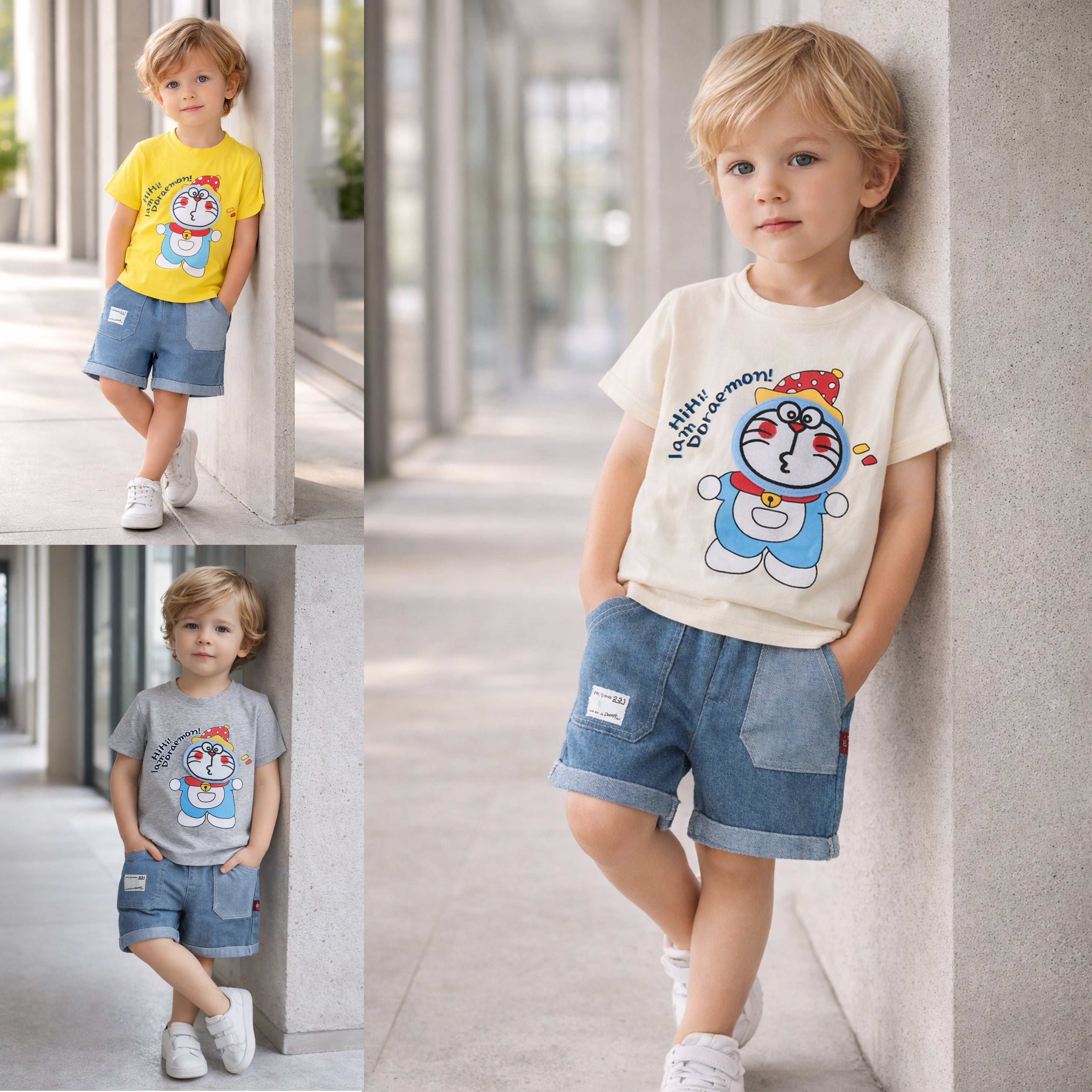 Boys Doraemon Cartoon Printed T-Shirt with Denim Shorts Set
