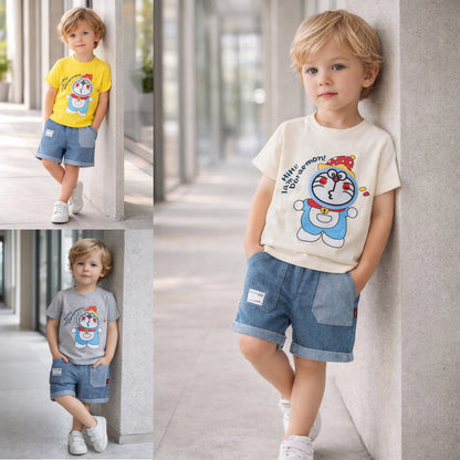 Boys Doraemon Cartoon Printed T-Shirt with Denim Shorts Set