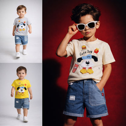 Baby Boys Cute Dog Printed T-Shirt with Denim Shorts Set