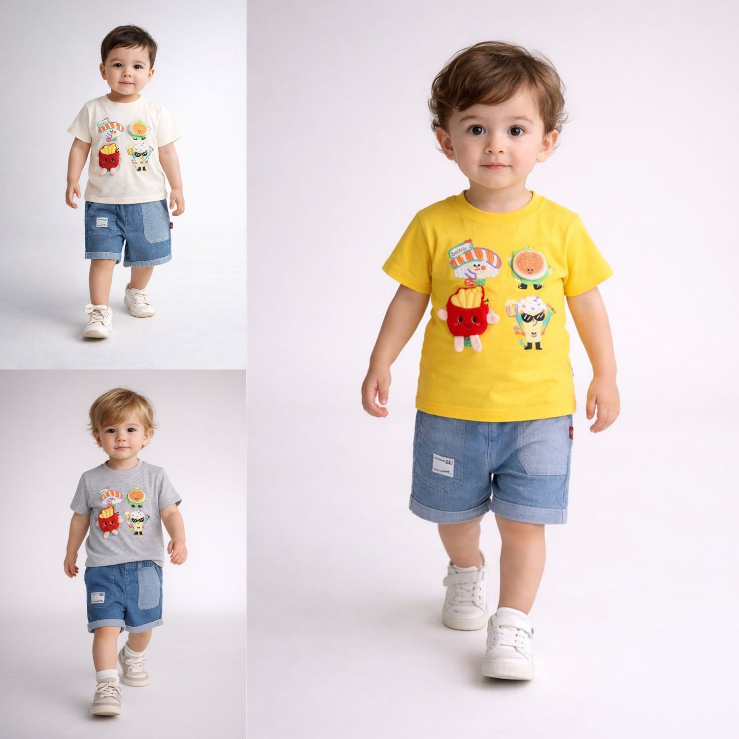 Boys Cute Food Cartoon Printed T-Shirt with Denim Shorts Set