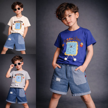 Boys Cool Time Cartoon Printed T-Shirt with Denim Shorts Set