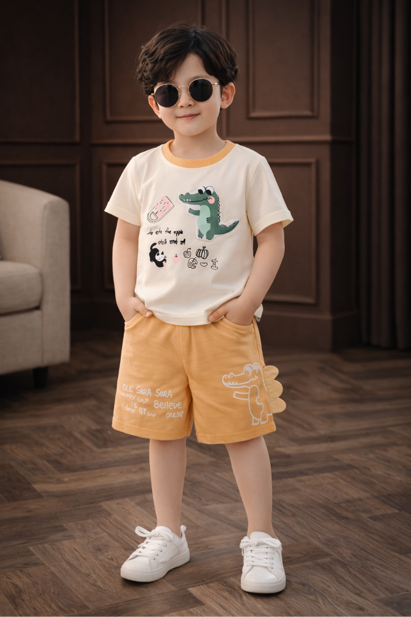 Boys Printed T-Shirt &amp; Shorts Set with Dinosaur Print – Soft Cotton Summer Wear