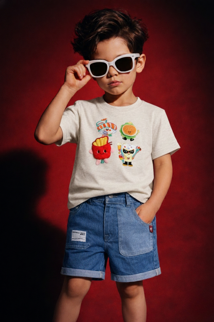 Boys Cute Food Cartoon Printed T-Shirt with Denim Shorts Set-TLB2516
