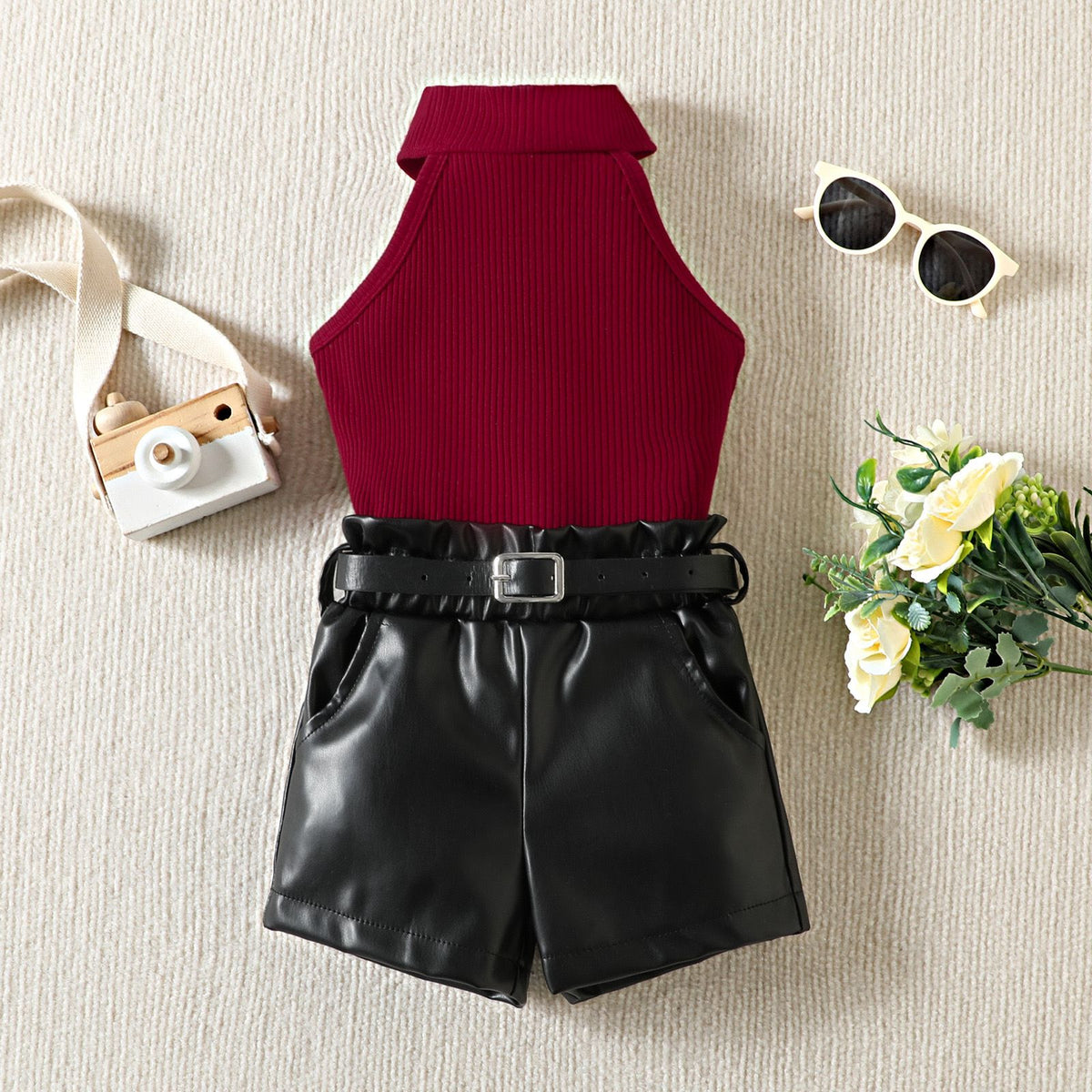 Girls top with Faux Leather Shorts & Belt