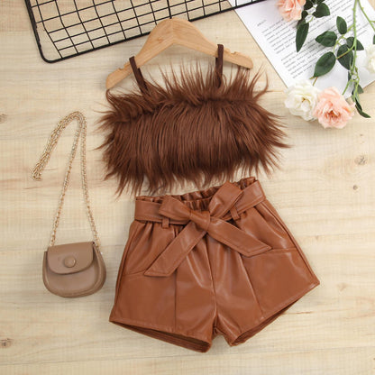 Girls Fluffy Top With Faux Leather Shorts Set