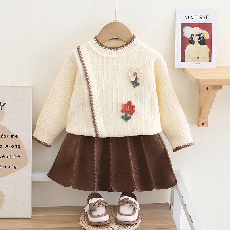 Girls Knitted Skirt &amp; Flower Sweater Co-Ord Set